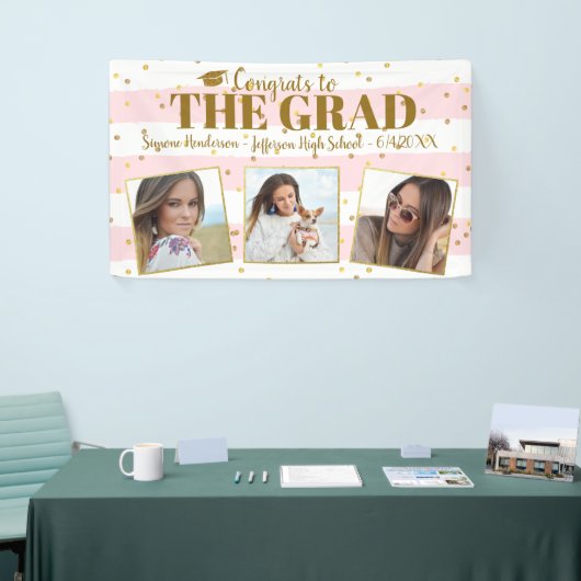 卒業おめでとう3写真金ゴールドグリッターストライプ 横断幕 (トレードショー)