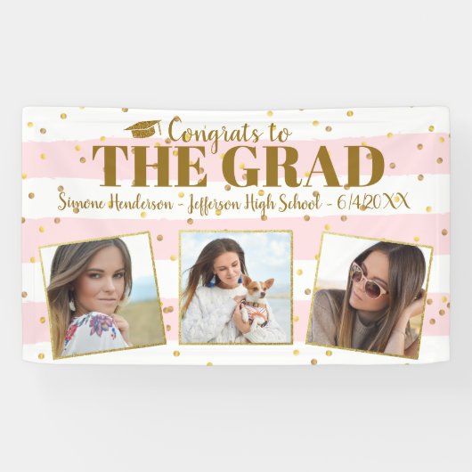 卒業おめでとう3写真金ゴールドグリッターストライプ 横断幕 (横)