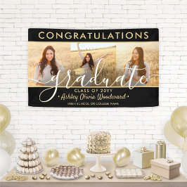 卒業おめでとう3 Photo Collageブラックと金ゴールド 横断幕
