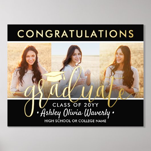 卒業おめでとう3 Photo Collage Black and 実在 箔ポスター (正面)