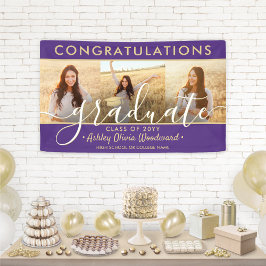 卒業おめでとう3 Photo Collage Purple & 金ゴールド 横断幕