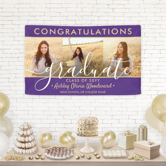 卒業おめでとう3 Photo Collage Purple & 金ゴールド 横断幕