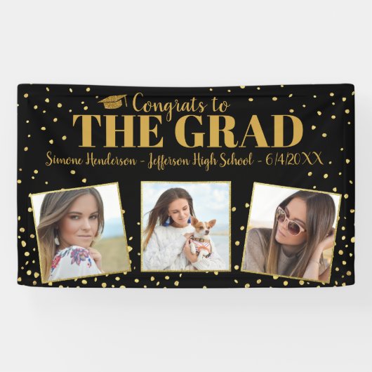 卒業おめでとう3 Photos金ゴールドグリッター紙吹雪 横断幕 (横)