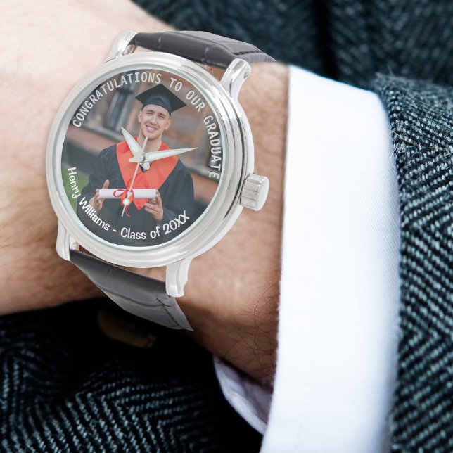 卒業おめでとう! オリジナル写真ギフト 腕時計 (An elegant watch to celebrate a graduation, with custom photo, name and year)