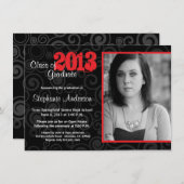 卒業おめでとう！ オープンハウス レトロ スワール ネオン 赤 ご招待 招待状 (正面/裏面)