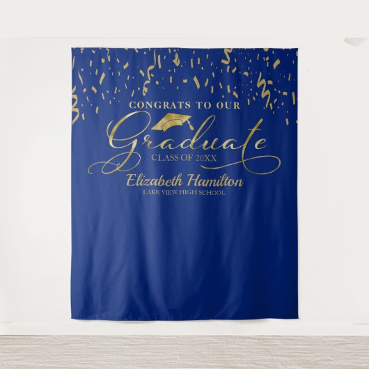 卒業おめでとう ゴールドとブルーの背景 タペストリー (正面)