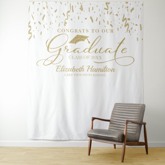 卒業おめでとう ゴールドとホワイトの背景 タペストリー (インサイチュ)