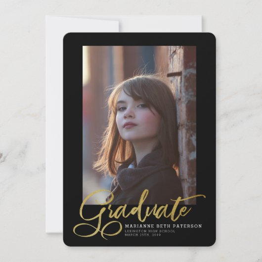 卒業おめでとう ゴールドスクリプト写真 卒業発表 招待状 (正面)