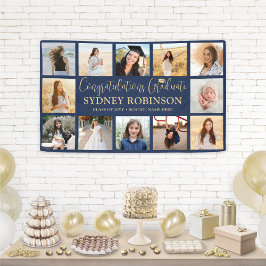 卒業おめでとう! ネイビーとゴールドの12枚の写真コラージュ 横断幕