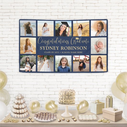卒業おめでとう！ ネイビーとゴールドの12枚の写真コラージュ 横断幕