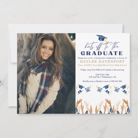 卒業おめでとう！パーティーの写真招待状 (正面)