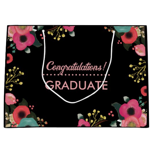 卒業おめでとう。モダンフローラカスタム ラージペーパーバッグ (正面)