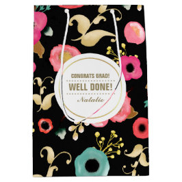 卒業おめでとう。花モダン柄 ミディアムペーパーバッグ
