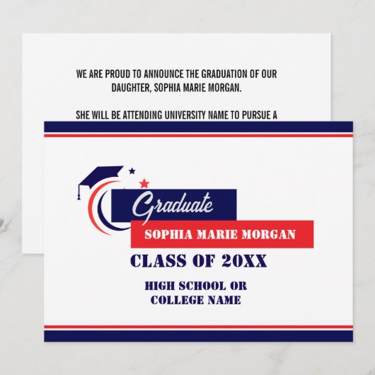 卒業おめでとう 青 赤 白 卒業お知らせ 招待状 (正面/裏面)