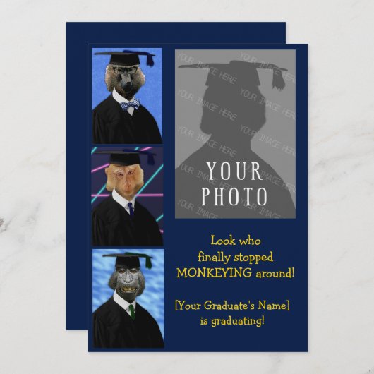 卒業おもしろいサルのパーティー発表 招待状 (正面/裏面)