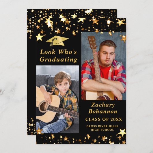 卒業した黒星の金ゴールド写真 招待状 (正面/裏面)