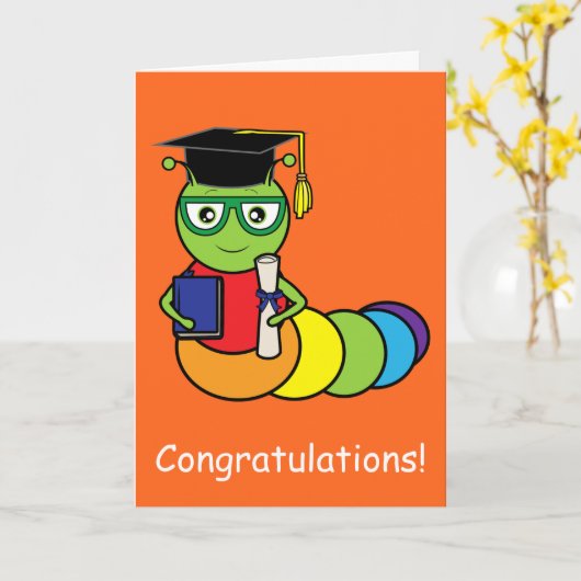 卒業のお祝いの本の虫 カード (黄色い花)