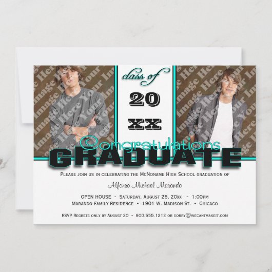 卒業のパーティの招待状のティール(緑がかった色)のクラス 招待状 (正面)