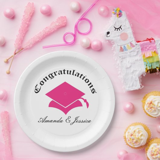 卒業のプレート-ピンクのカスタマイズ可能なおめでとう ペーパープレート (パーティー)
