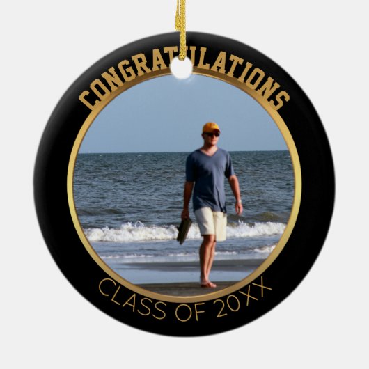 卒業の写真のオーナメント|の黒及び金ゴールドの記念品 セラミックオーナメント (裏面)