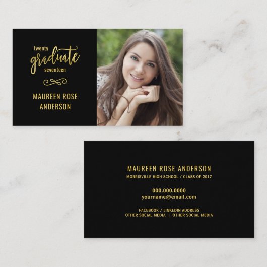 卒業の写真の名刺のフェイクな金ゴールドホイルの原稿 コーリングカード (正面/裏面)