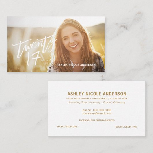 卒業の写真の名刺のモダンな手書きの文字 コーリングカード (正面/裏面)