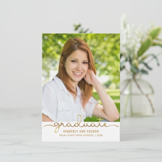 卒業の写真シンプルなDIYの金ゴールドのストライプの平らなカード 案内状 (スタンド正面)