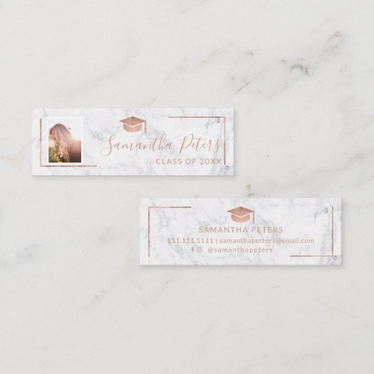 卒業の名前のばら色の金ゴールドのエレガントな大理石の写真 スキニー名刺 (正面/裏面)