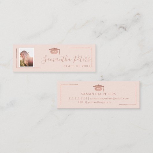 卒業の名前のばら色の金ゴールドのエレガントな赤面のピンクの写真 スキニー名刺 (正面/裏面)