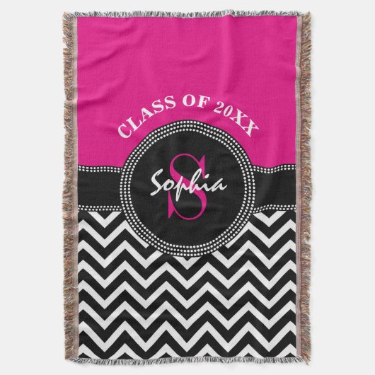 卒業の女の子のショッキングピンクおよび黒いクラス年 スローブランケット (正面縦)