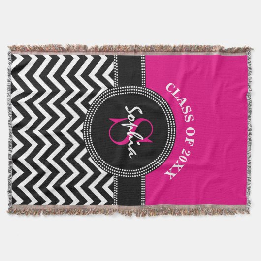 卒業の女の子のショッキングピンクおよび黒いクラス年 スローブランケット (正面)