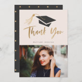 卒業の帽子およびふさの金ゴールドホイルの写真の赤面 案内状 (正面/裏面)