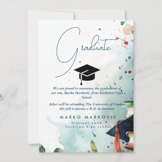 卒業の息子Iカラフル発表 案内状 (正面)