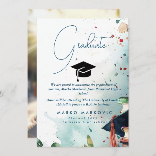 卒業の息子Iカラフル発表 案内状 (正面/裏面)