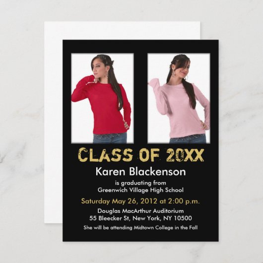 卒業の招待状は2イメージの黒い金ゴールドを加えます 招待状 (正面/裏面)