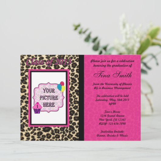 卒業の招待状-ピンクのヒョウ/チータ 招待状 (スタンド正面)