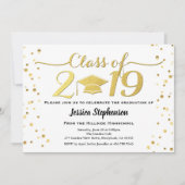 卒業の招待。 白くおよび黒いフェイクな金ゴールド 招待状 (正面)