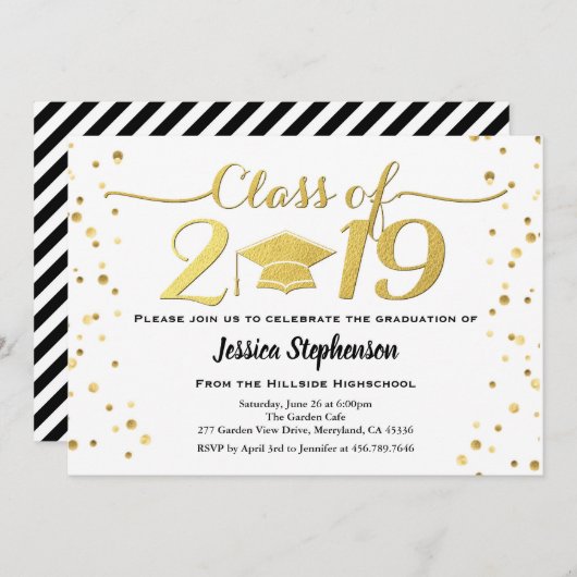 卒業の招待。 白くおよび黒いフェイクな金ゴールド 招待状 (正面/裏面)