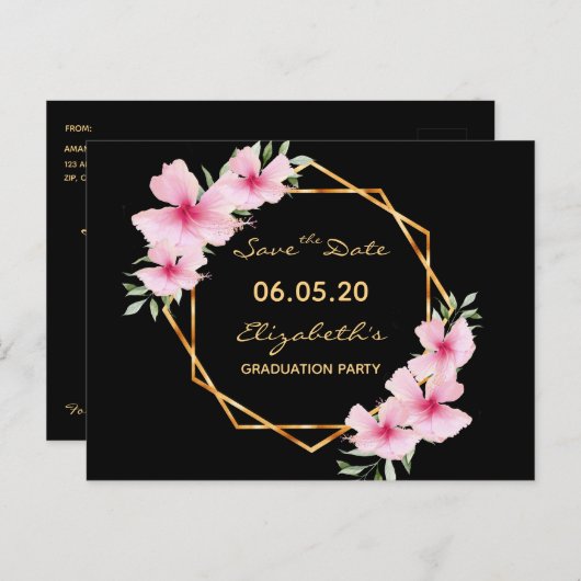 卒業の日付を保存するブラックピンク花模様 ポストカード (正面/裏面)