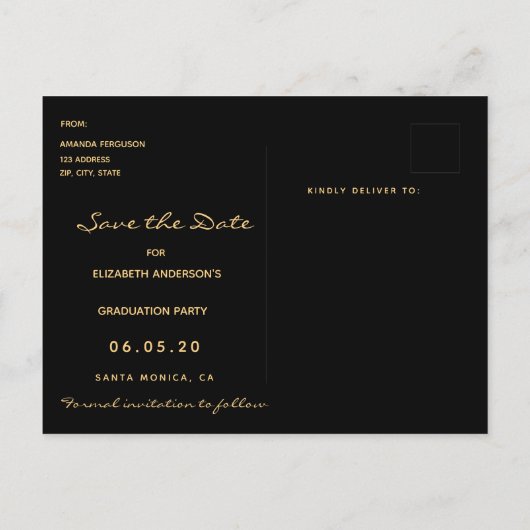 卒業の日付を保存するブラックピンク花模様 ポストカード (裏面)