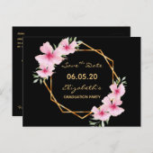 卒業の日付を保存するブラックピンク花模様 ポストカード (正面/裏面)