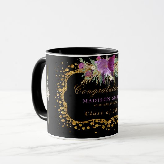 卒業の水彩画のグリッターの花の金ゴールドの紙吹雪 マグカップ (正面左)