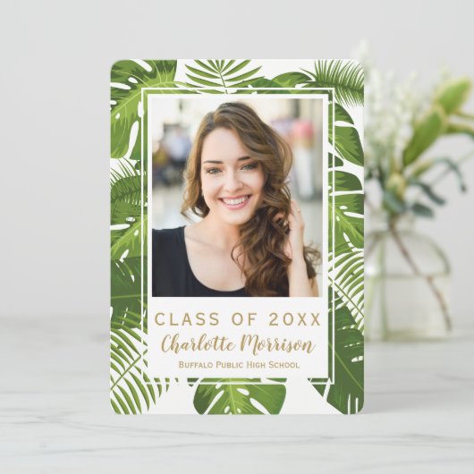 卒業の熱帯緑金ゴールドの写真の招待 招待状 (スタンド正面)
