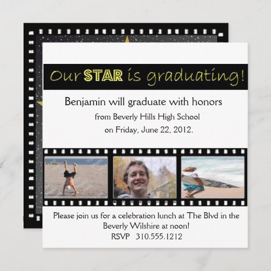 卒業の発表のハリウッド・スターの黄色 招待状 (正面/裏面)