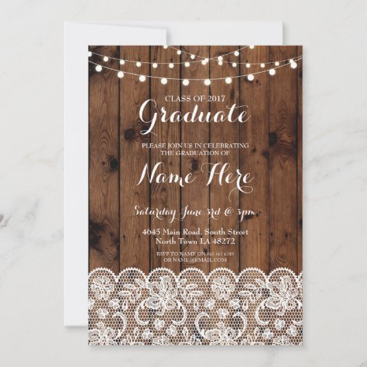 卒業の素朴な木製のレースライト卒業生の招待 招待状 (正面)