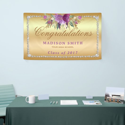 卒業の紫色のグリッターによってはダイヤモンドの金ゴールドが開花します 横断幕 (トレードショー)
