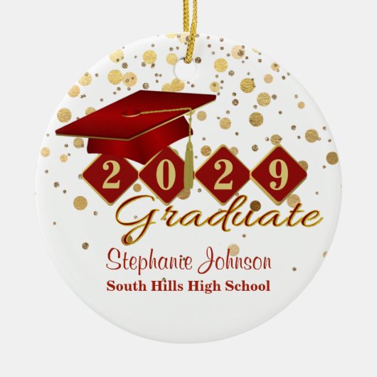卒業の赤と金ゴールド写真 セラミックオーナメント (正面)