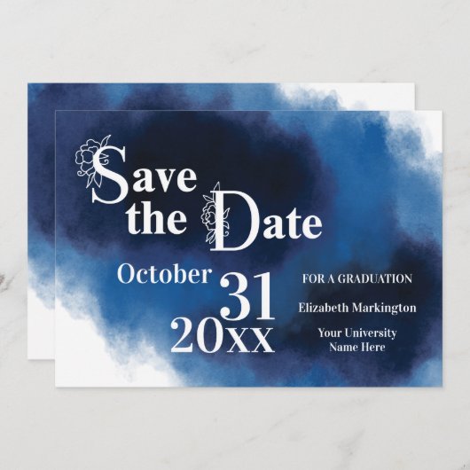 卒業の青くモダンな花の手紙のシンプル セーブザデート (正面/裏面)