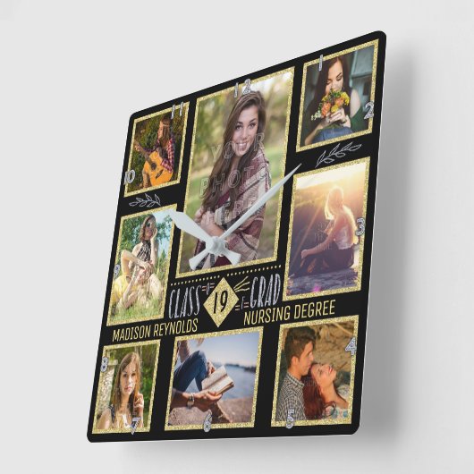 卒業の高等学校の大学卒業生の写真のコラージュ スクエア壁時計 (傾斜)