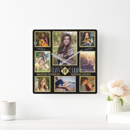卒業の高等学校の大学卒業生の写真のコラージュ スクエア壁時計 (ホーム)